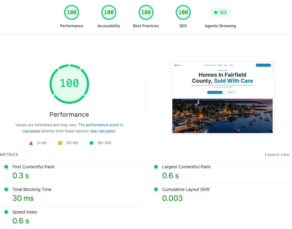 Google PageSpeed Insights desktop report for Harbor & Vine Realty (https://harborandvine.magicdigs-oz.xyz/): Performance 100, Accessibility 100, Best Practices 100, SEO 100, Agentic Browsing 3/3.
